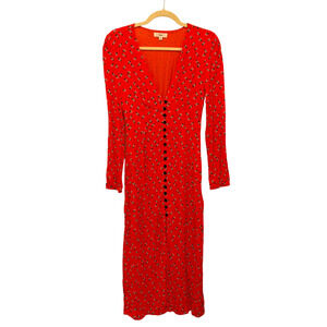 Rahi Red Button Front Midi Sun Dress with Sleeves V-Neck Floral Print Size XS